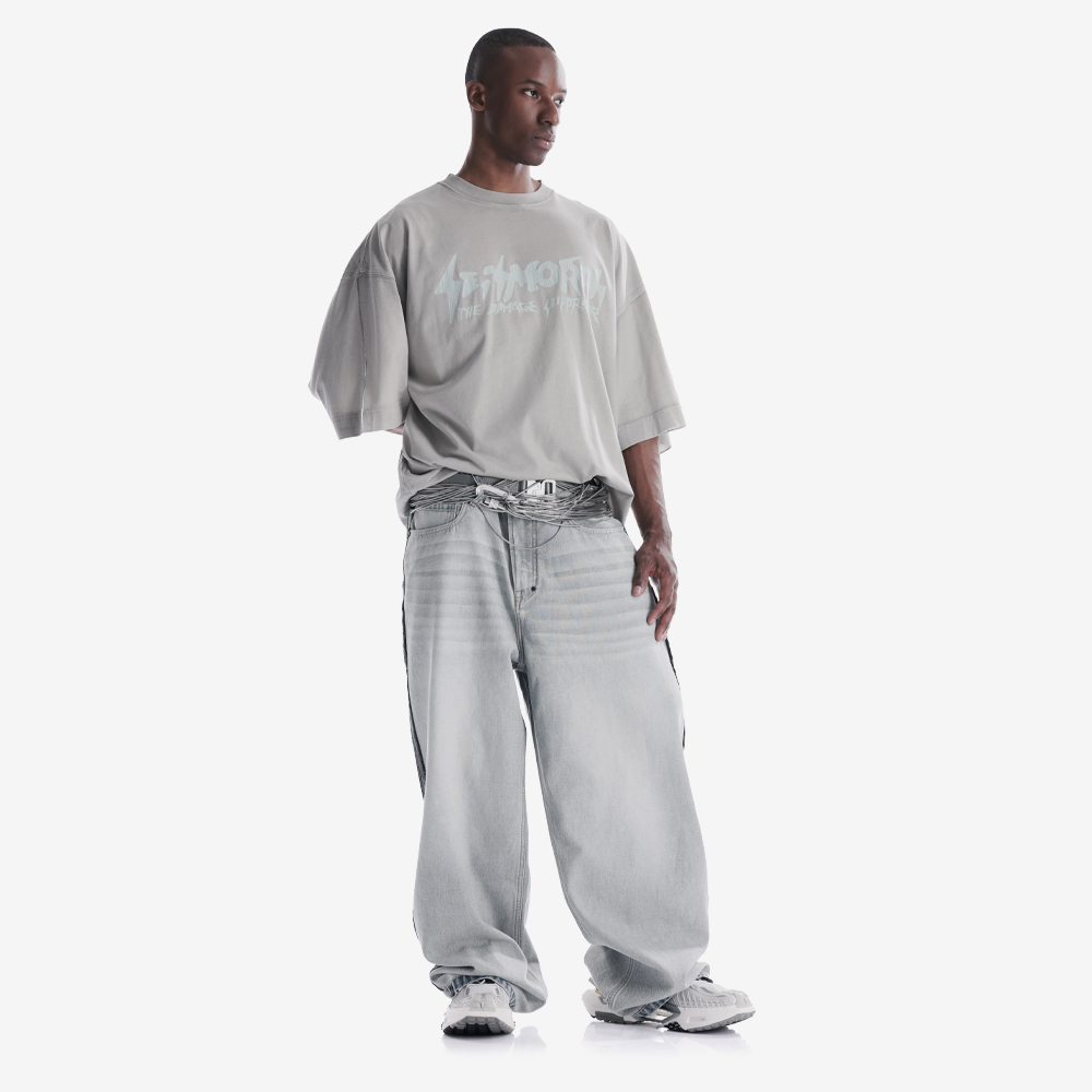 Spray-Painted Cracked Logo Loose Fit Tee, Light Grey#111991