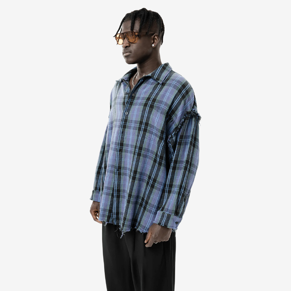 "Plaid" Raw Shirt, Blue#112753