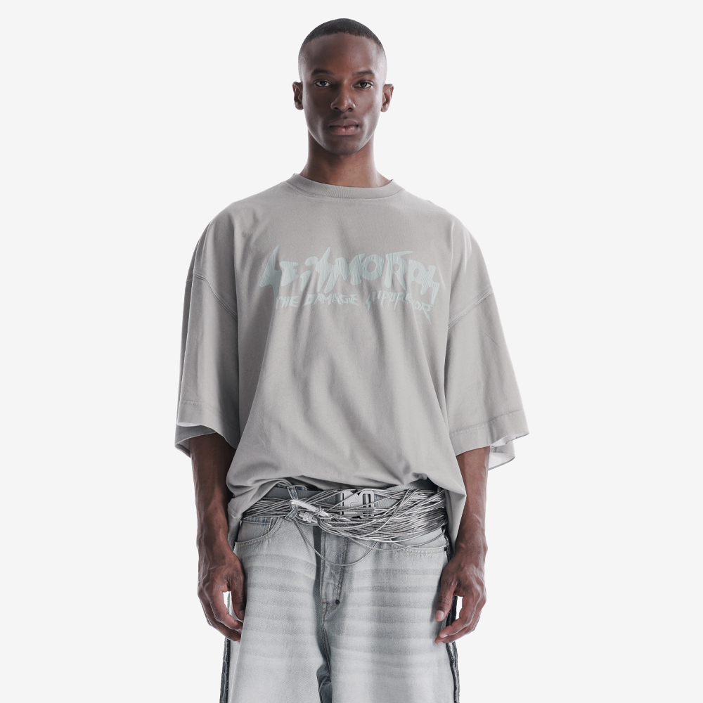 Spray-Painted Cracked Logo Loose Fit Tee, Light Grey#112007