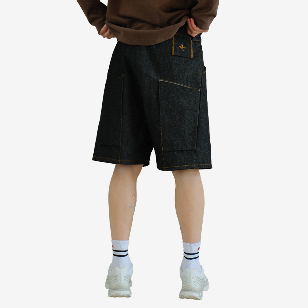 Leaf Inside Out Denim Shorts, Black/Orange