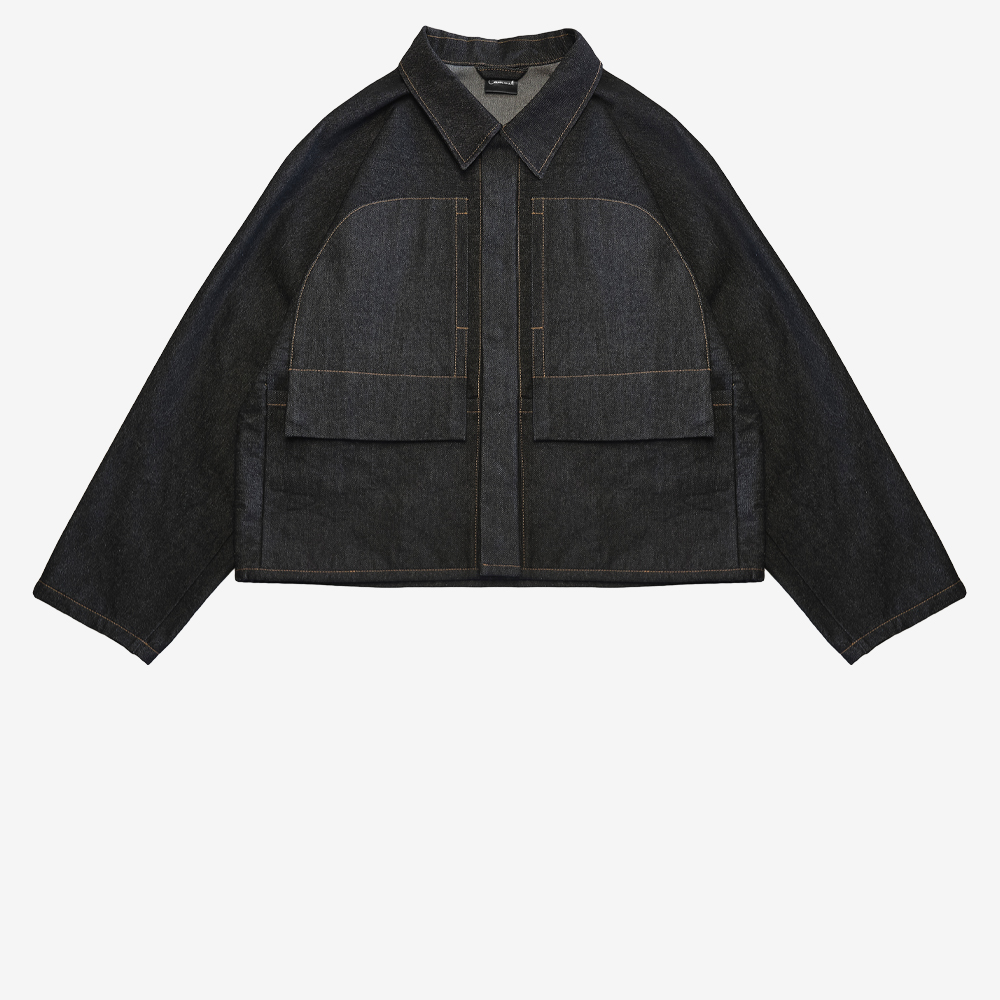 Wide Cropped Denim Jacket, Black/Orange#112846