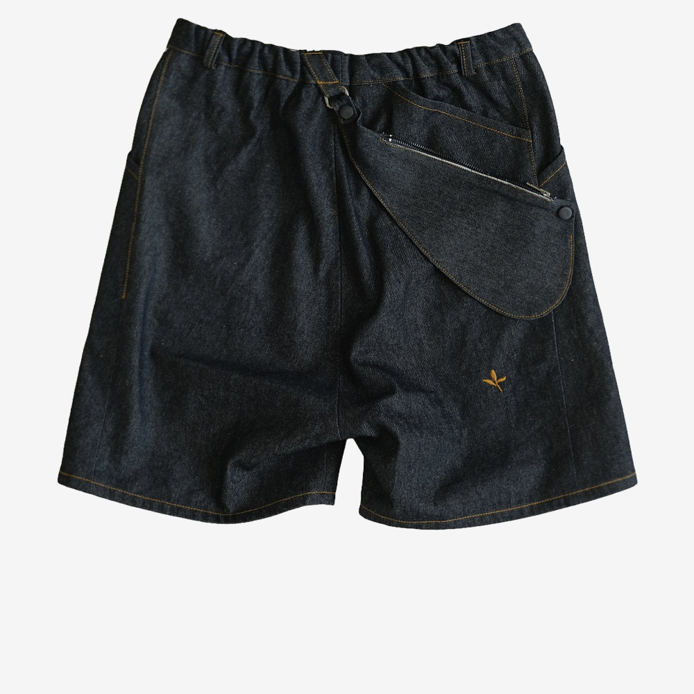 Leaf Inside Out Denim Shorts With Pouch Bag, Black/Orange