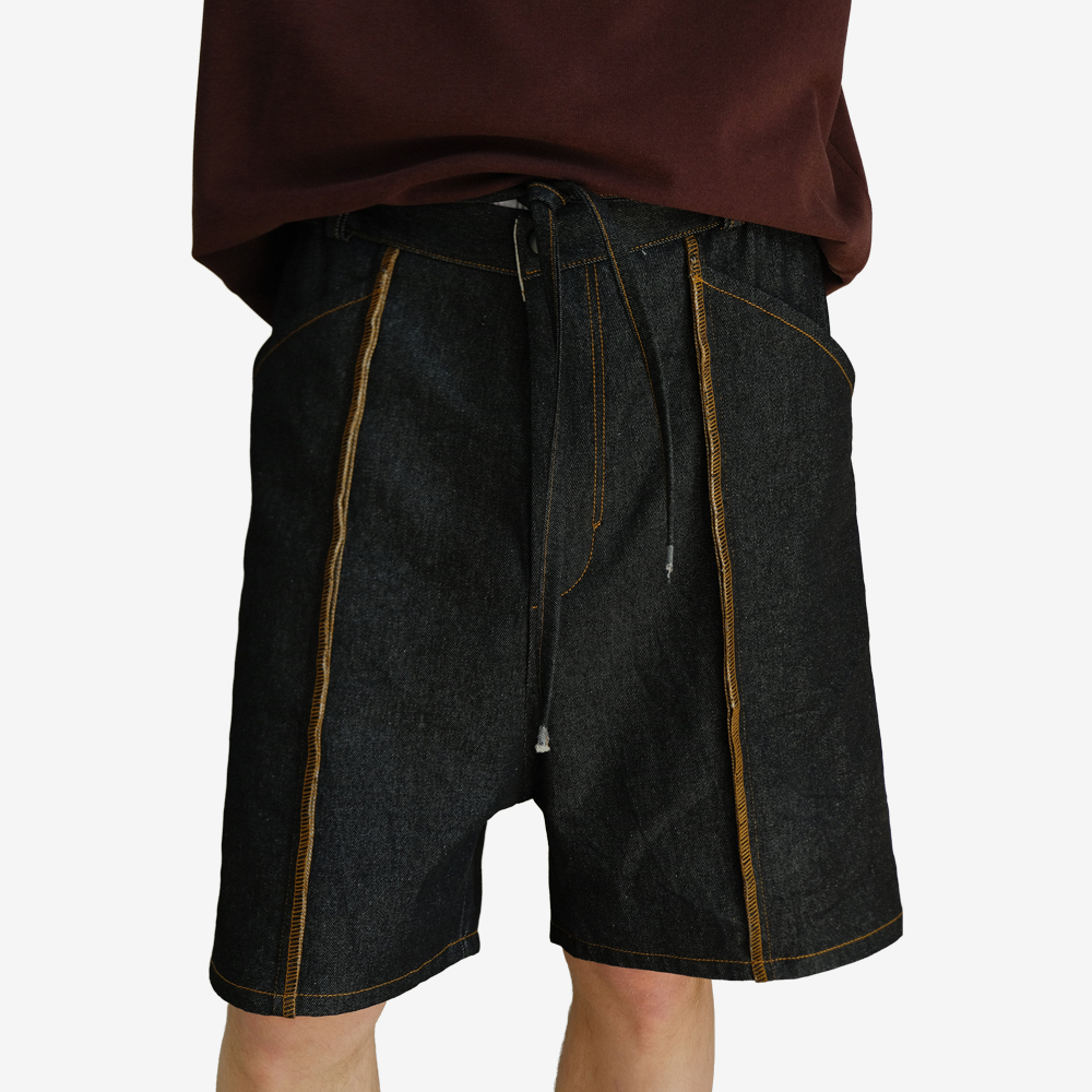 Leaf Inside Out Denim Shorts With Pouch Bag, Black/Orange#112837
