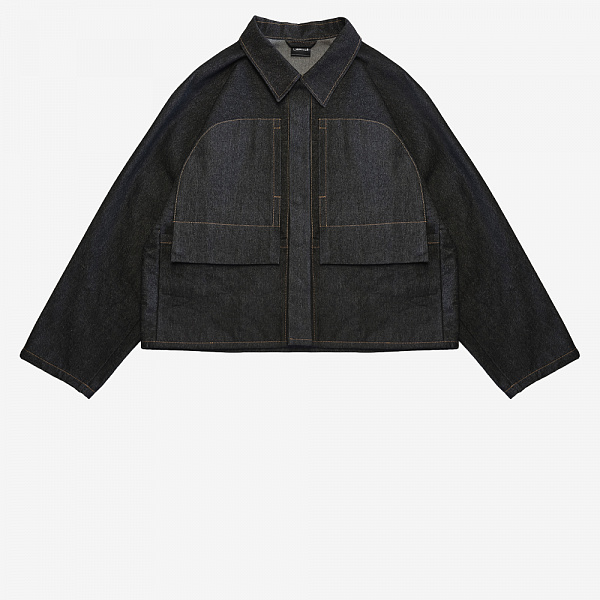 Wide Cropped Denim Jacket, Black/Orange
